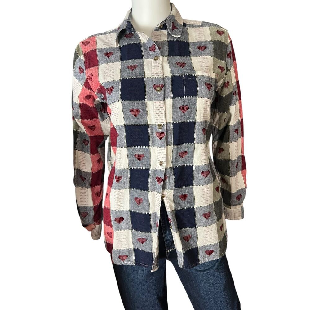 Vintage Red Blue Checkered Valentine Embroidered Heart Button Down S